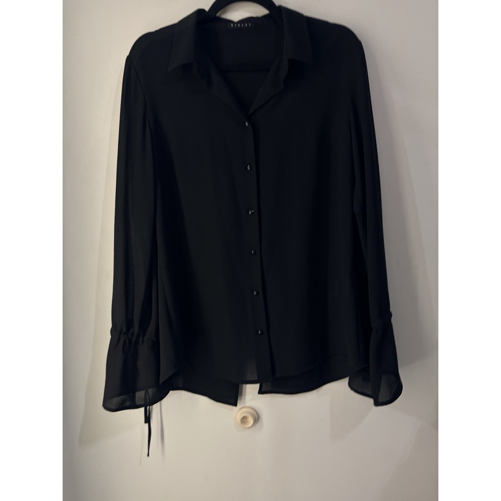 Sisley NWT Black Semi Sheer Open Back Tie Blouse Women's Button Front Top Med